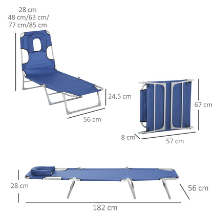 Reclining and Folding Garden Sun Lounger with Reading Hole Headrest and Adjustable Backrest in 5 Levels for Beach 182x56x28 cm Blue