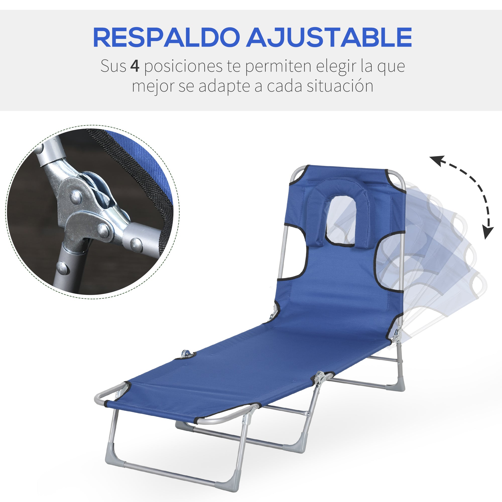 Reclining and Folding Garden Sun Lounger with Reading Hole Headrest and Adjustable Backrest in 5 Levels for Beach 182x56x28 cm Blue