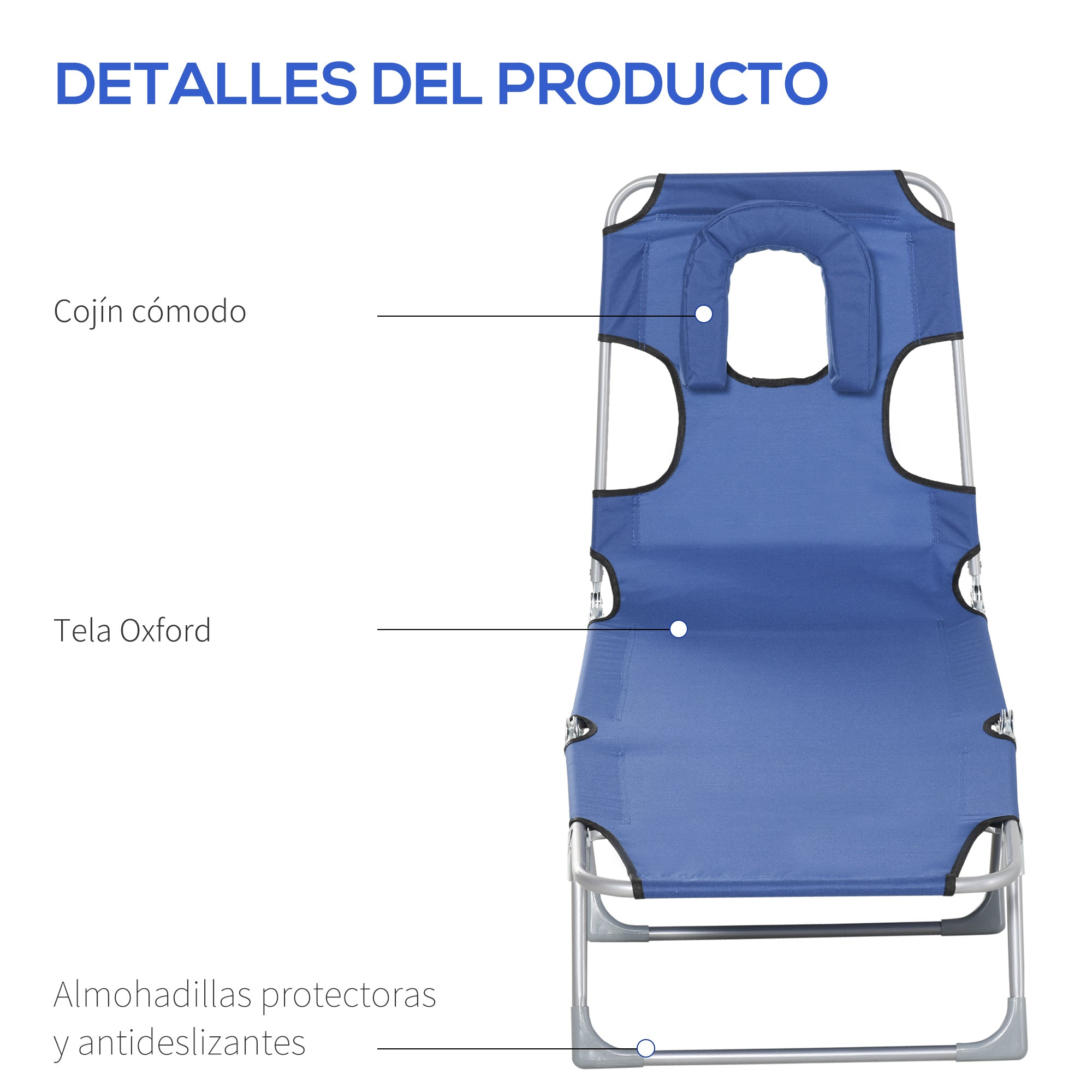 Reclining and Folding Garden Sun Lounger with Reading Hole Headrest and Adjustable Backrest in 5 Levels for Beach 182x56x28 cm Blue