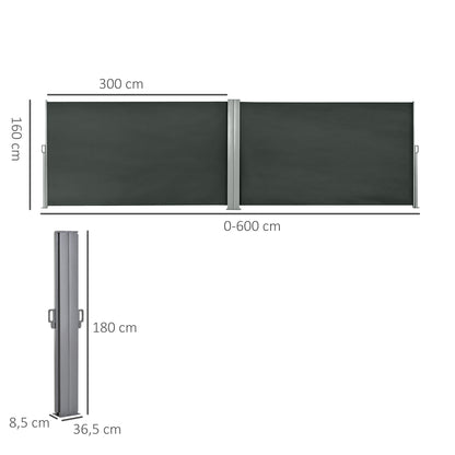 Double Side Awning Privacy Screen Retractable Windbreak 6L x 1.80H m High-Density 180 g/m² Anti-UV Polyester Gray