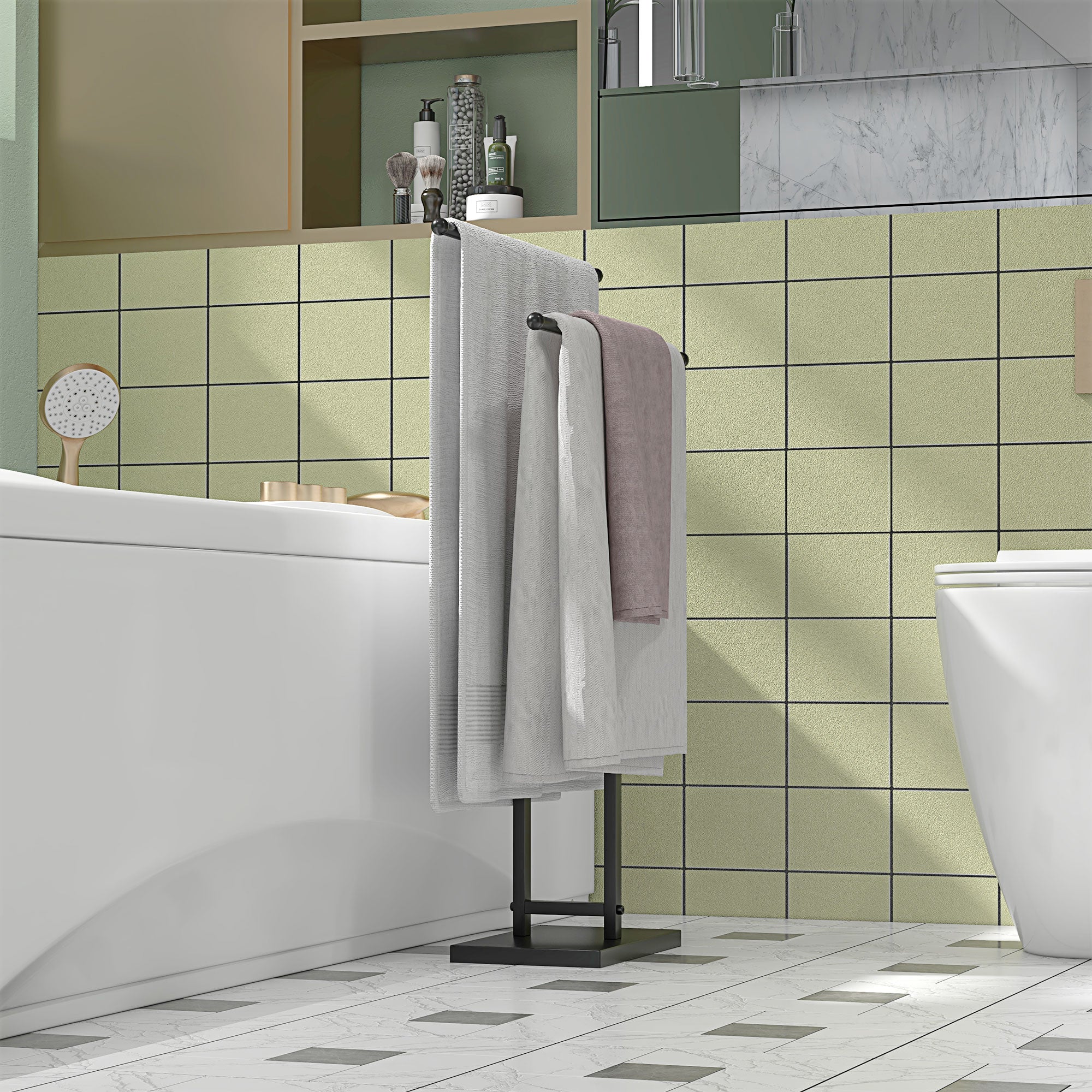 Freestanding Towel Rack 2-Tier Metal Towel Holder for Bathroom, 50W x 18.5D x 85H cm, Black