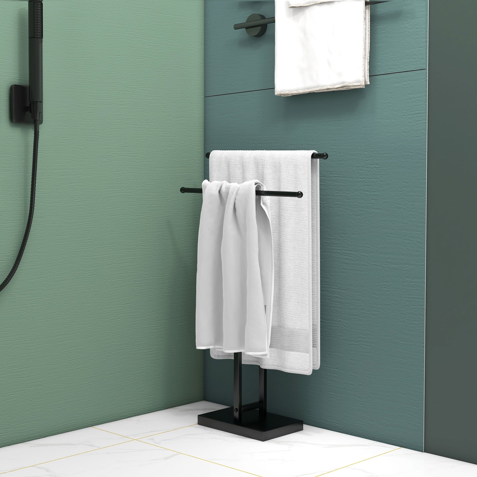 Freestanding Towel Rack 2-Tier Metal Towel Holder for Bathroom, 50W x 18.5D x 85H cm, Black