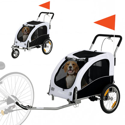 2-in-1 Dog Bike Trailer & Jogger for Small to Medium Dogs up to 44 lb — Foldable, 600D Oxford, Reflectors, Handbrake, Universal Coupling, White