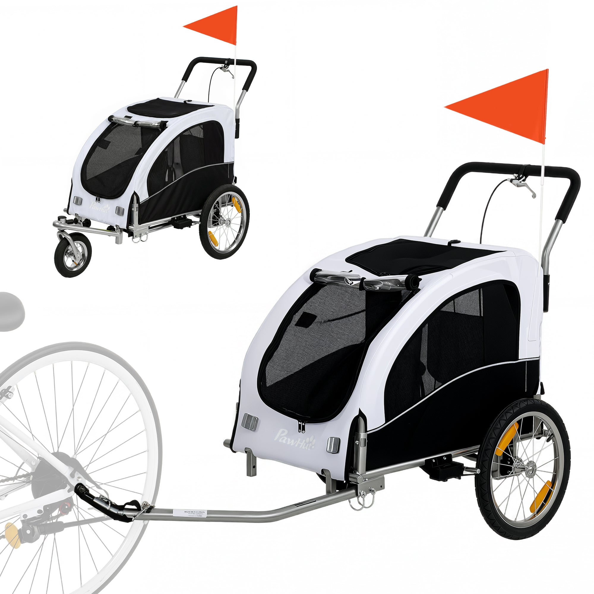 2-in-1 Dog Bike Trailer & Jogger for Small to Medium Dogs up to 44 lb — Foldable, 600D Oxford, Reflectors, Handbrake, Universal Coupling, White