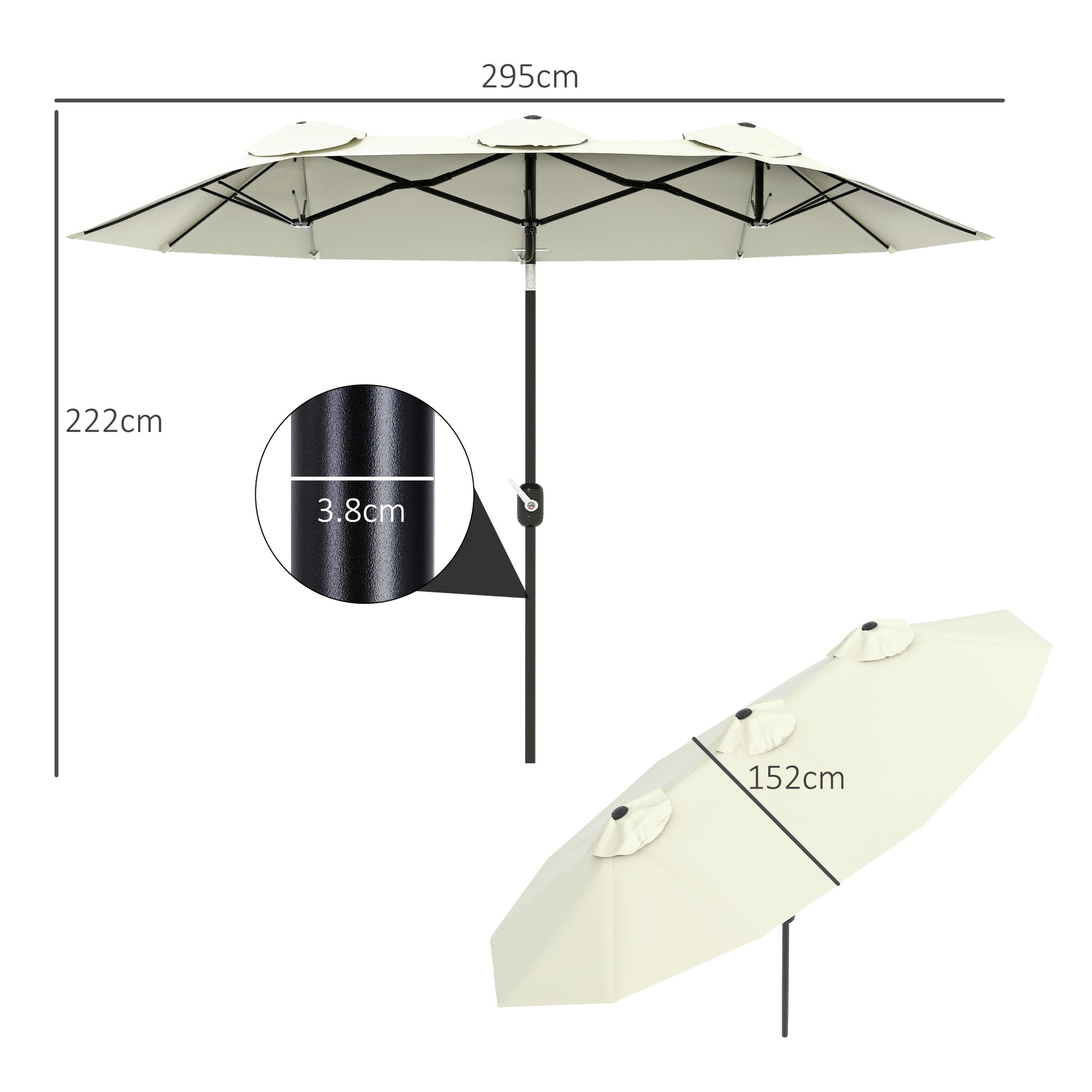 Double Umbrella 2.95x1.52 m Patio Umbrella with 45° Tilt Manual Crank and 3 Ventilation Holes Large Umbrella for Patio Beach Pool Beige
