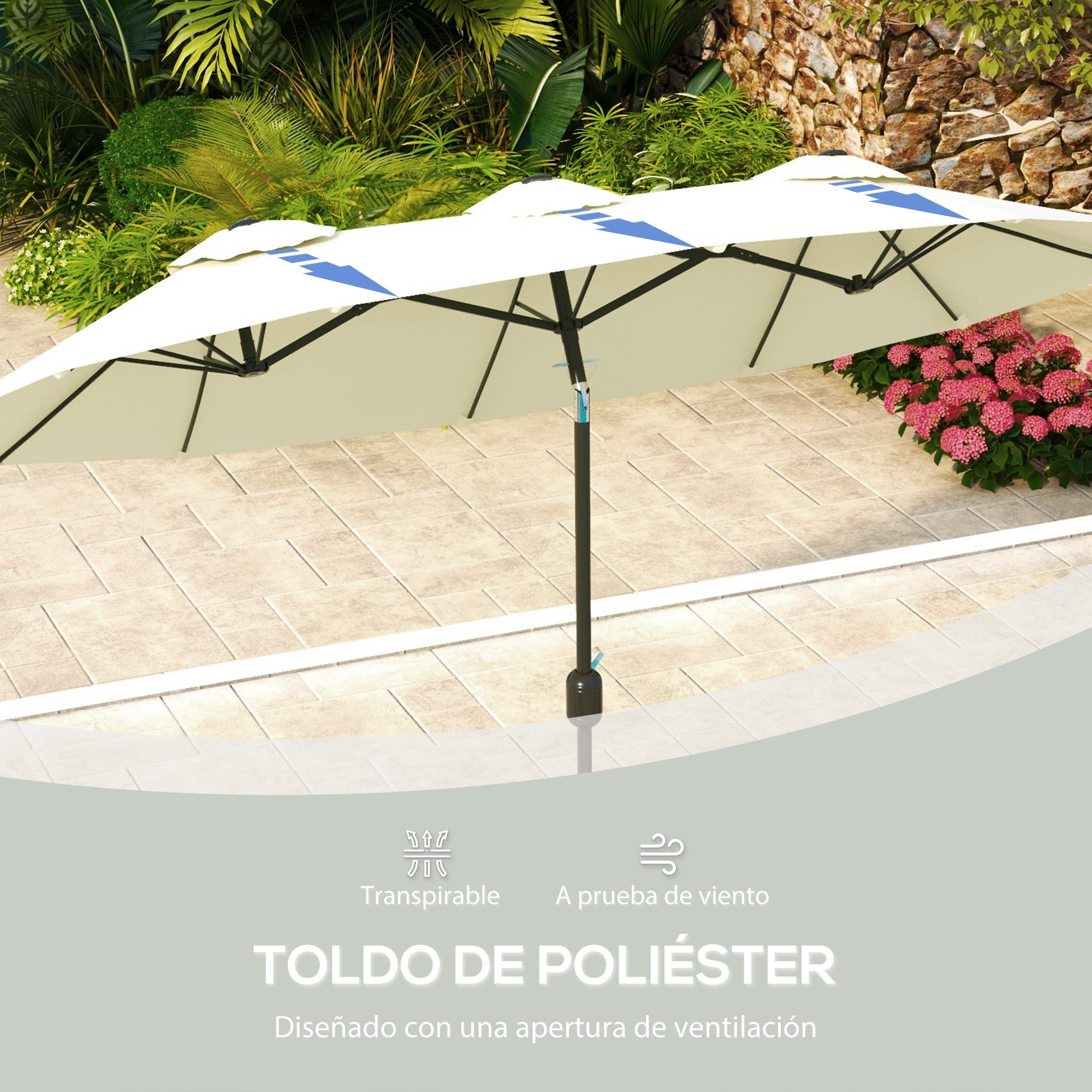 Double Umbrella 2.95x1.52 m Patio Umbrella with 45° Tilt Manual Crank and 3 Ventilation Holes Large Umbrella for Patio Beach Pool Beige