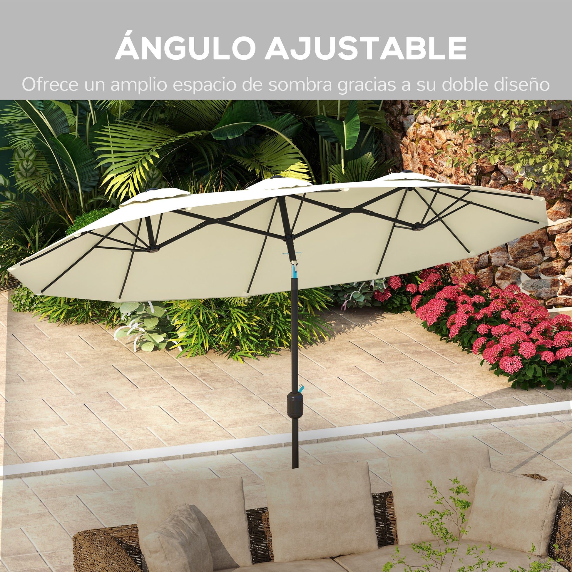 Double Umbrella 2.95x1.52 m Patio Umbrella with 45° Tilt Manual Crank and 3 Ventilation Holes Large Umbrella for Patio Beach Pool Beige