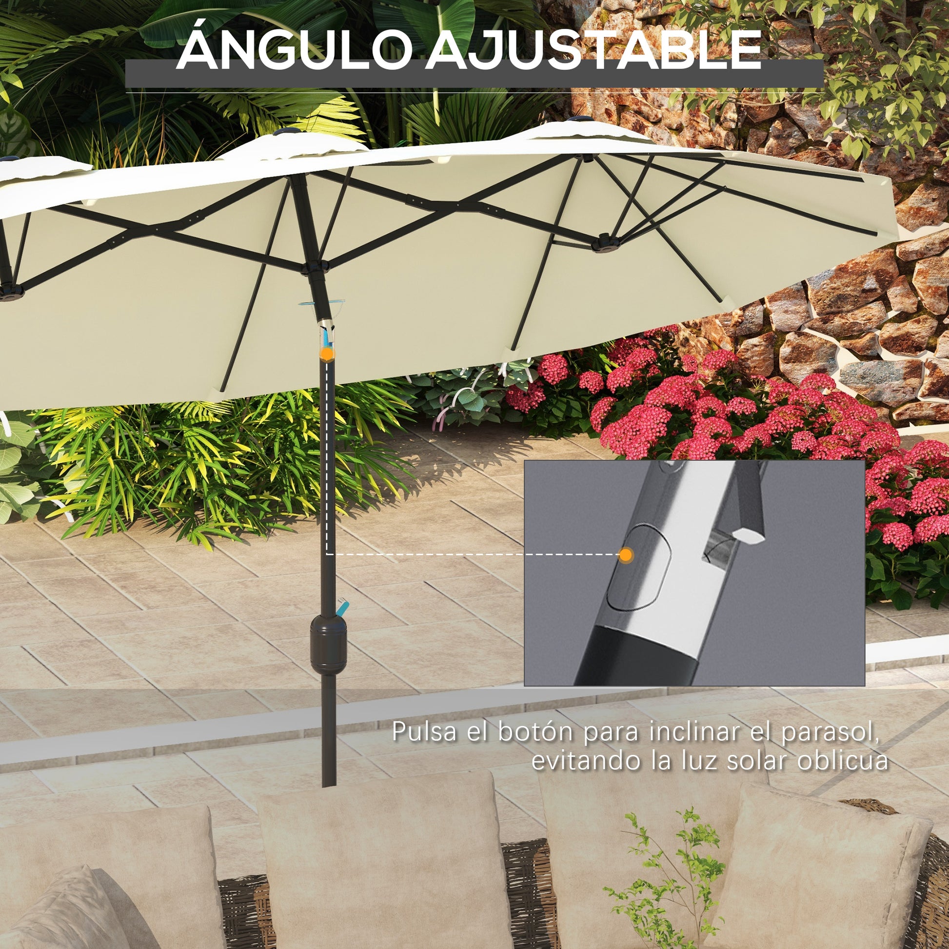 Double Umbrella 2.95x1.52 m Patio Umbrella with 45° Tilt Manual Crank and 3 Ventilation Holes Large Umbrella for Patio Beach Pool Beige