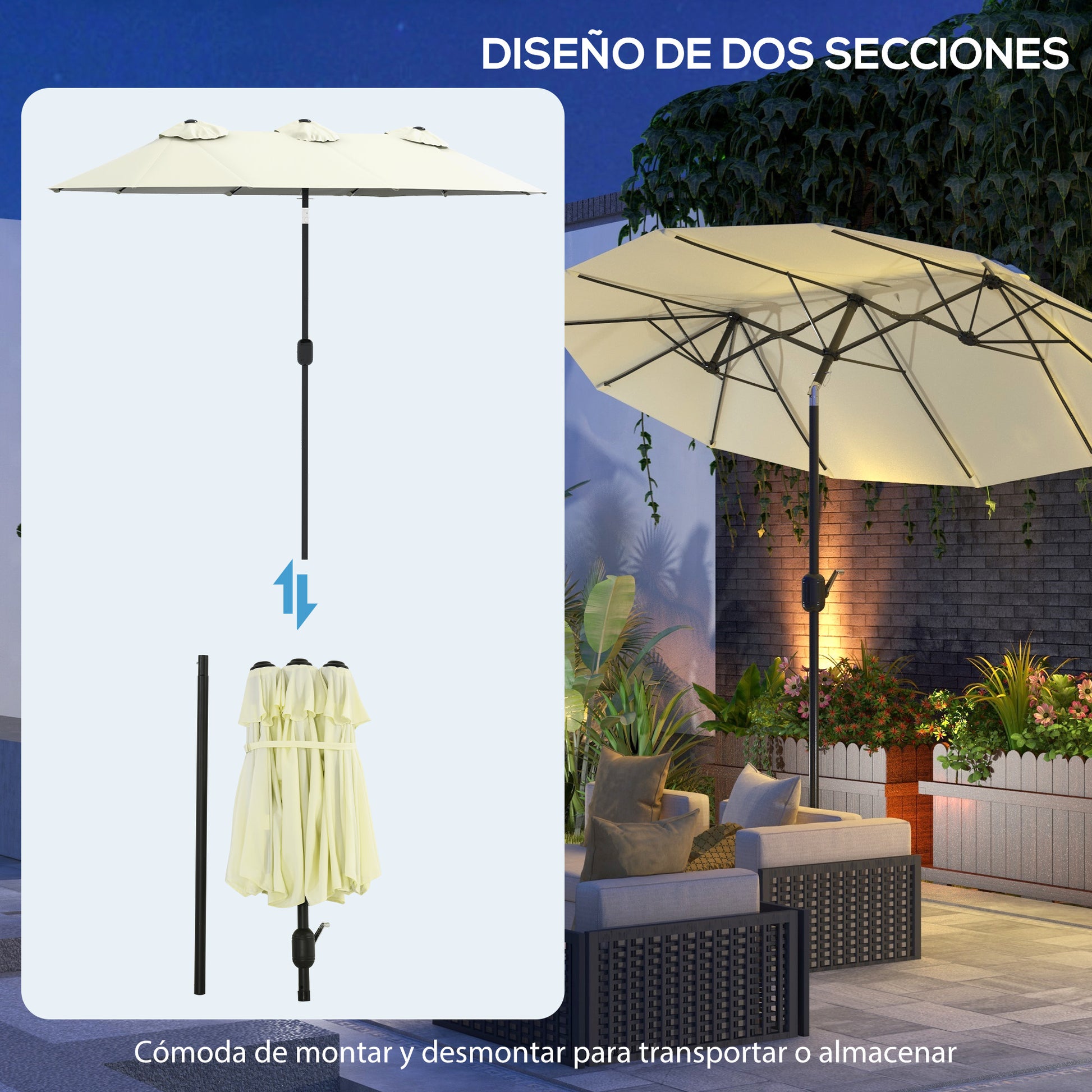 Double Umbrella 2.95x1.52 m Patio Umbrella with 45° Tilt Manual Crank and 3 Ventilation Holes Large Umbrella for Patio Beach Pool Beige