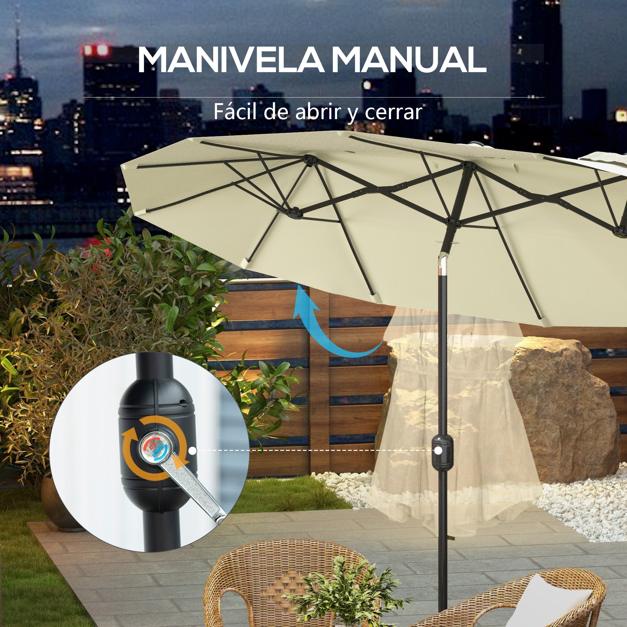 Double Umbrella 2.95x1.52 m Patio Umbrella with 45° Tilt Manual Crank and 3 Ventilation Holes Large Umbrella for Patio Beach Pool Beige
