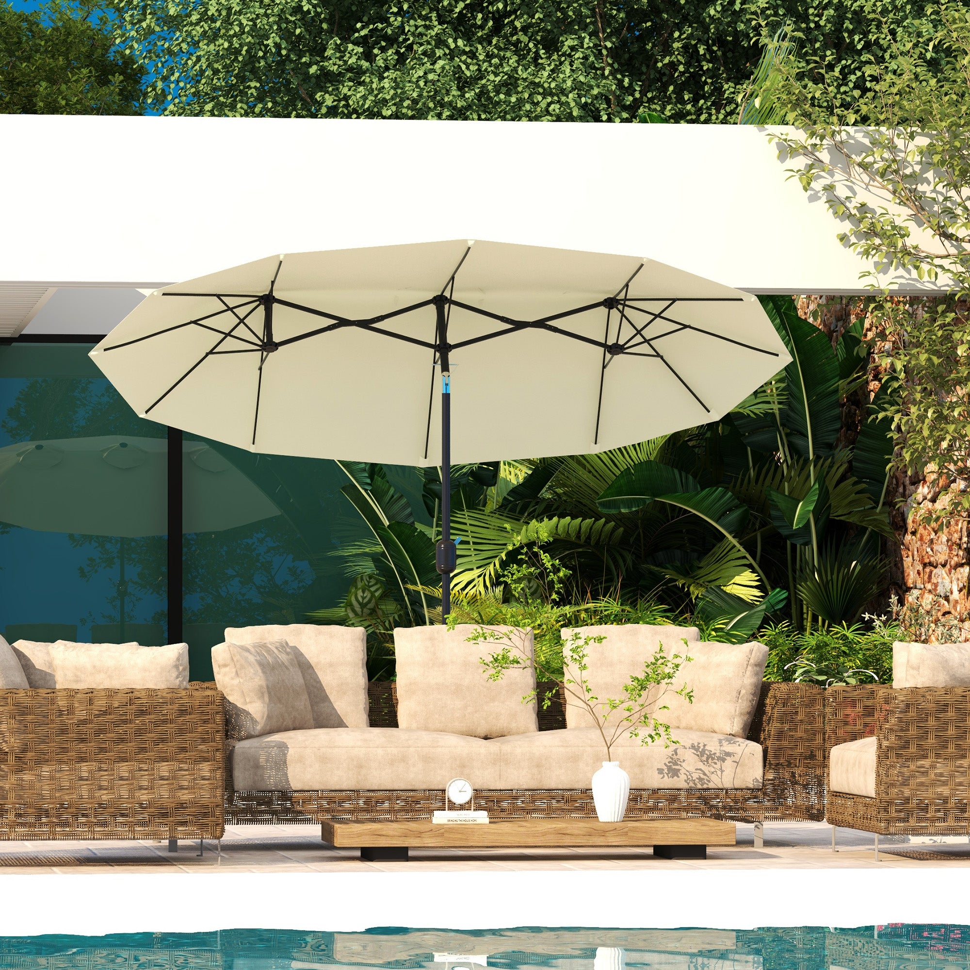 Double Umbrella 2.95x1.52 m Patio Umbrella with 45° Tilt Manual Crank and 3 Ventilation Holes Large Umbrella for Patio Beach Pool Beige