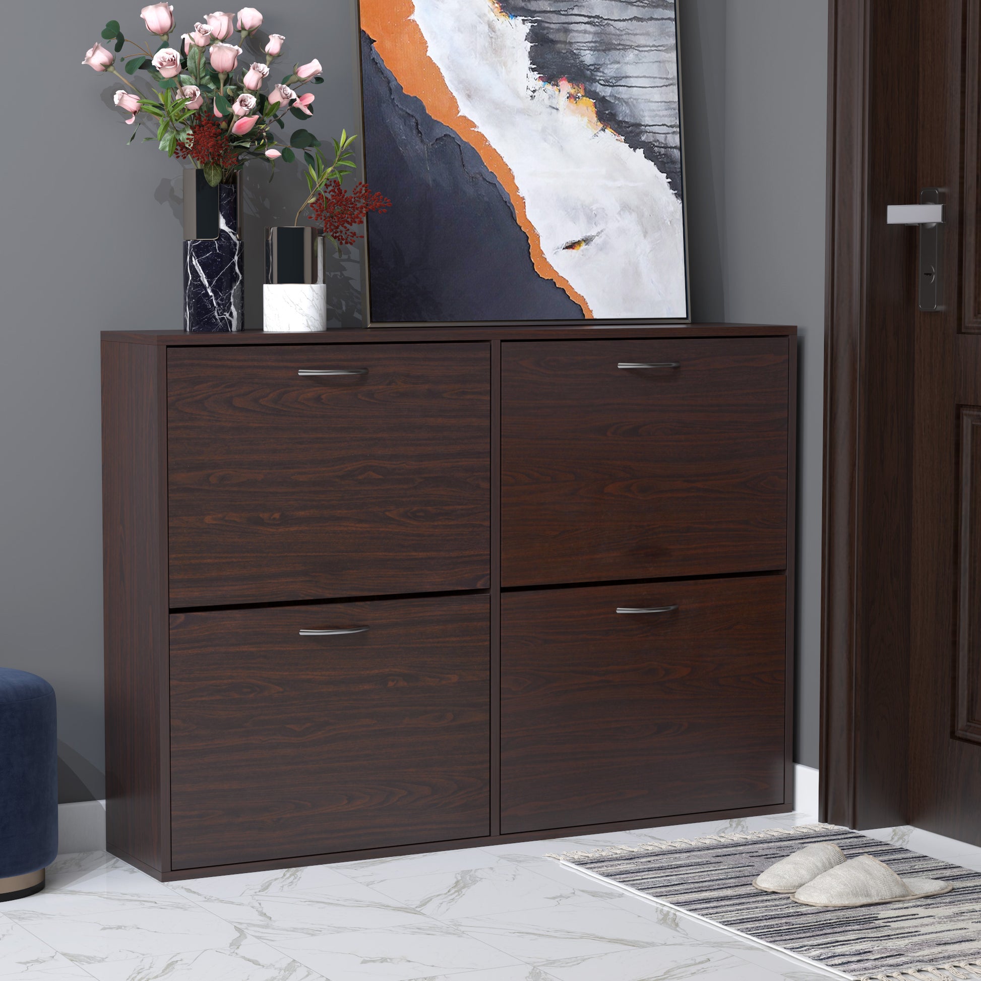 Slim Entrance Shoe Cabinet with 4 Flip Doors, Modern Shoe Cabinet for 24 Pairs of Shoes with Adjustable Shelves, Wooden Shoe Rack, 120x24x81cm, Brown