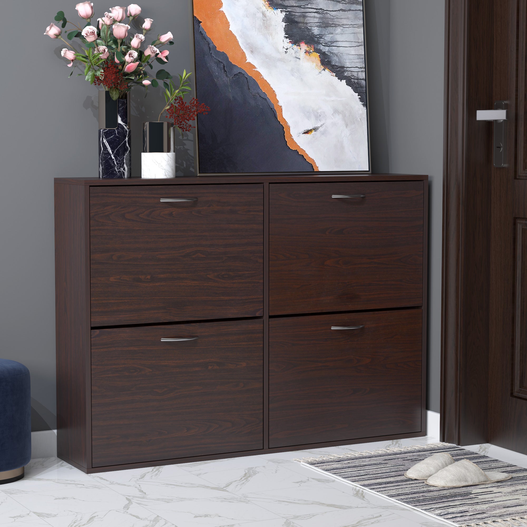 Slim Entrance Shoe Cabinet with 4 Flip Doors, Modern Shoe Cabinet for 24 Pairs of Shoes with Adjustable Shelves, Wooden Shoe Rack, 120x24x81cm, Brown