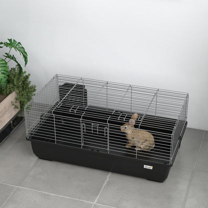 Rabbit Cage with 2 Openings and Removable Tray, Metal and PP Plastic Rodent Cage, 100x55x41 cm, Black and Silver