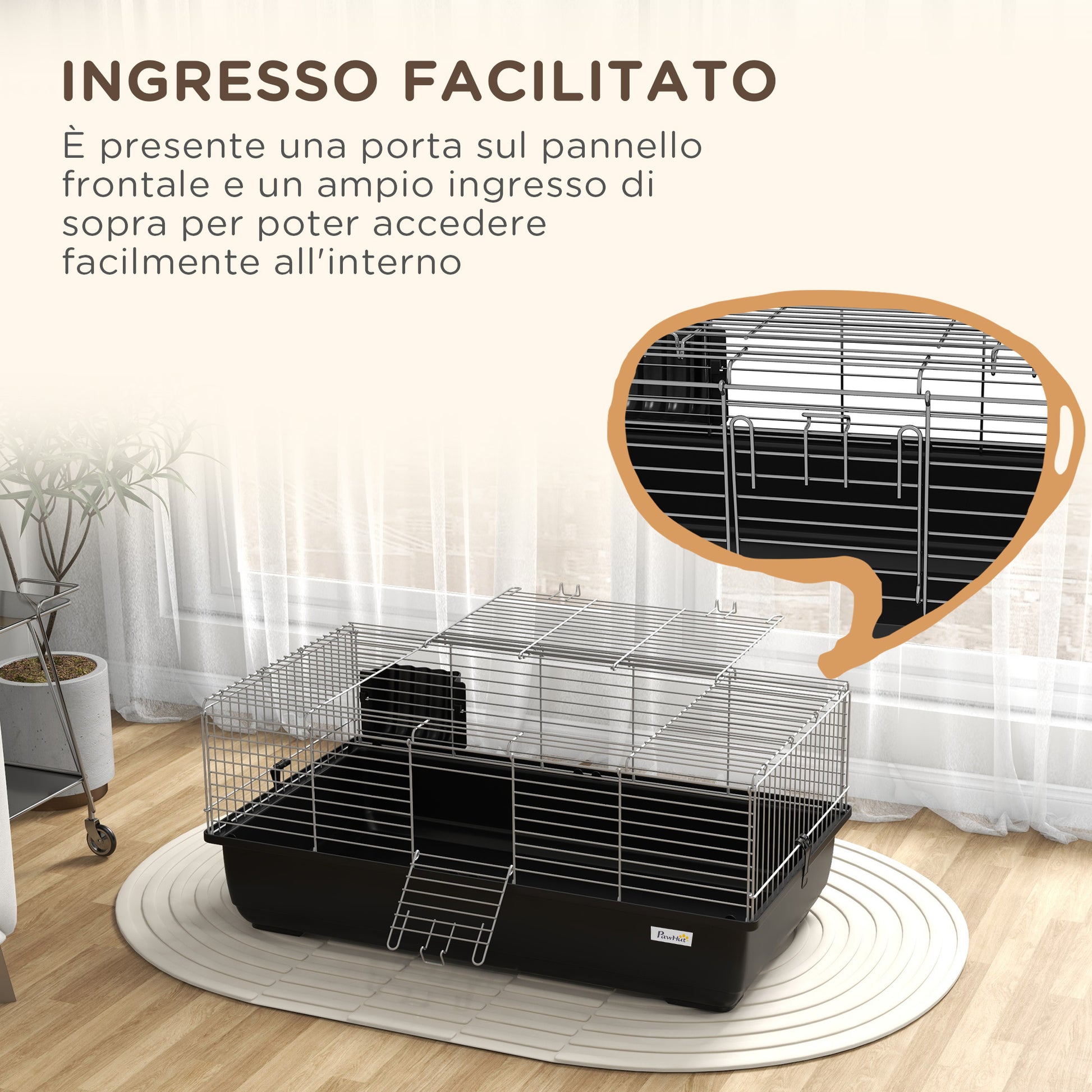 Rabbit Cage with 2 Openings and Removable Tray, Metal and PP Plastic Rodent Cage, 100x55x41 cm, Black and Silver