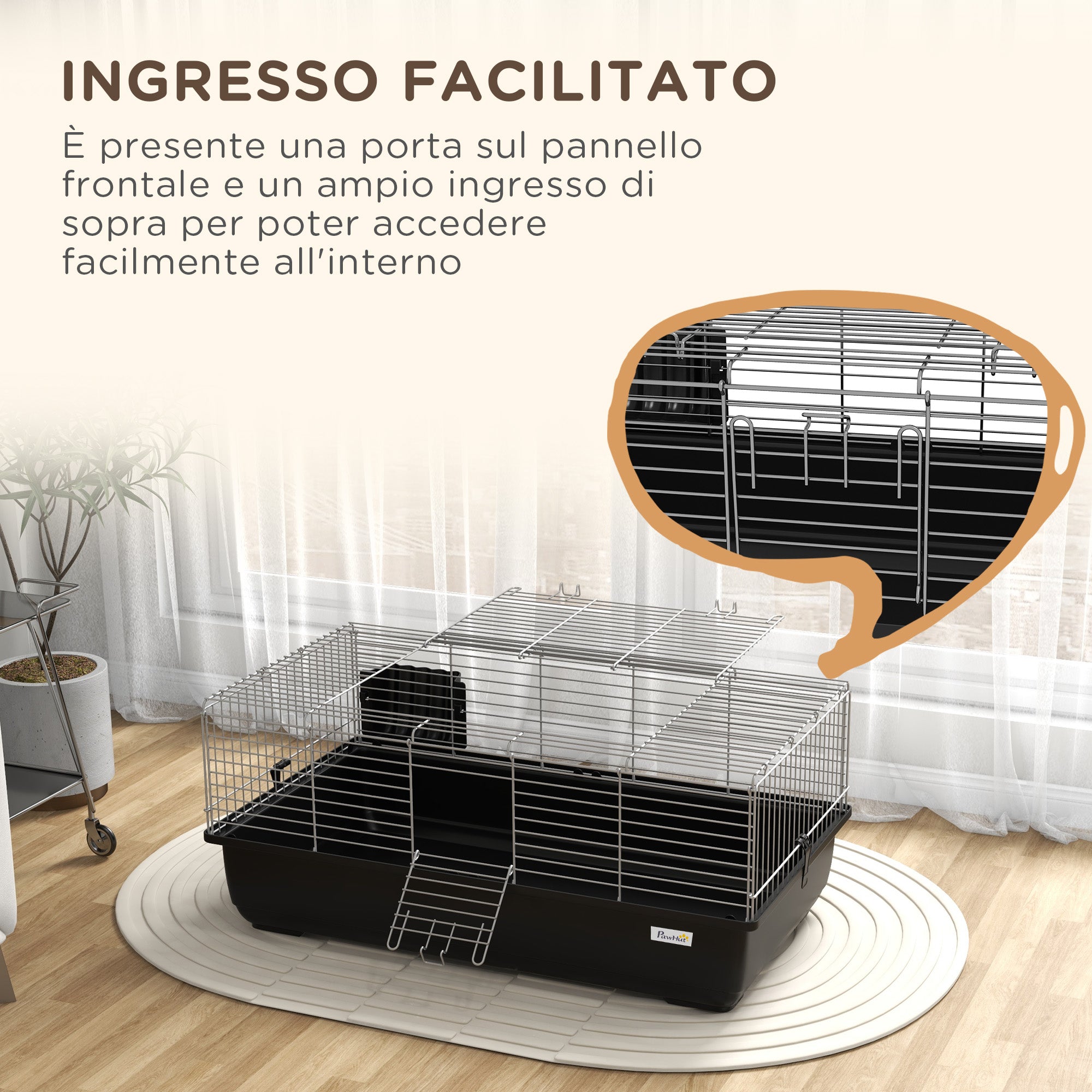 Rabbit Cage with 2 Openings and Removable Tray, Metal and PP Plastic Rodent Cage, 100x55x41 cm, Black and Silver