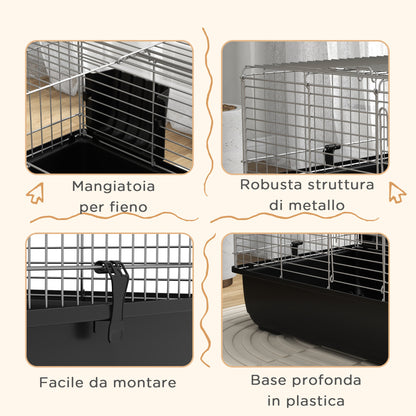 Rabbit Cage with 2 Openings and Removable Tray, Metal and PP Plastic Rodent Cage, 100x55x41 cm, Black and Silver