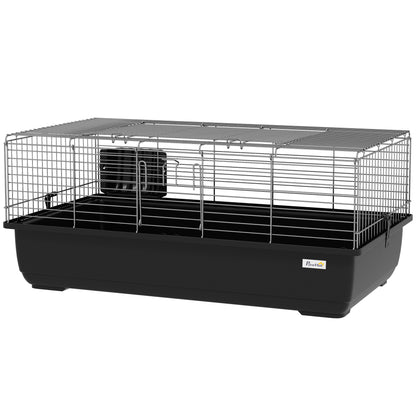 Rabbit Cage with 2 Openings and Removable Tray, Metal and PP Plastic Rodent Cage, 100x55x41 cm, Black and Silver