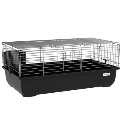 Rabbit Cage with 2 Openings and Removable Tray, Metal and PP Plastic Rodent Cage, 100x55x41 cm, Black and Silver