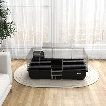 Rabbit Cage with 2 Openings and Removable Tray, Metal and PP Plastic Rodent Cage, 100x55x41 cm, Black and Silver