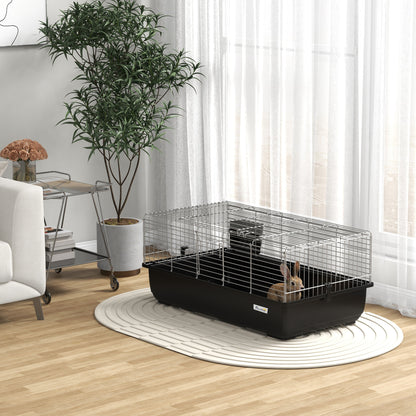 Rabbit Cage with 2 Openings and Removable Tray, Metal and PP Plastic Rodent Cage, 100x55x41 cm, Black and Silver