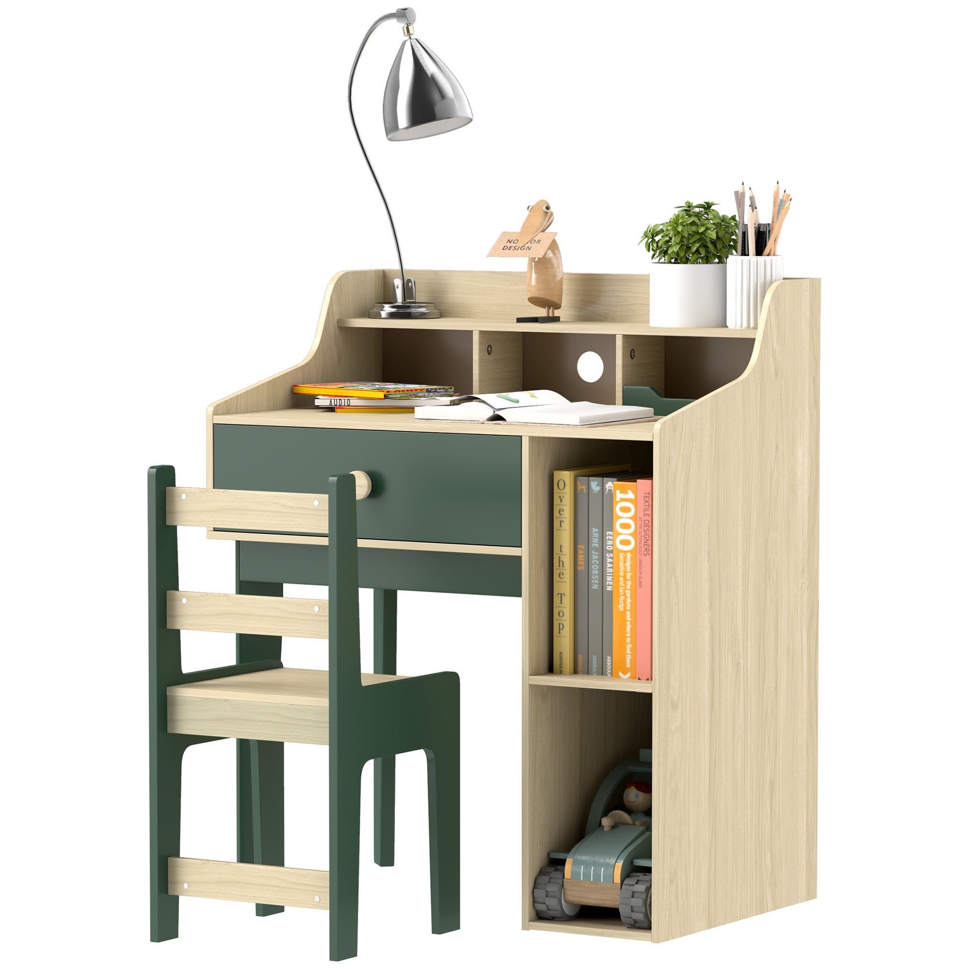 Kids Desk and Chair Set for Children 3-10 Years Old, Boys Girls Desk with Chair, Shelves and Drawer, Children's Table with Chair for Study and Work, Natural Wood and Green