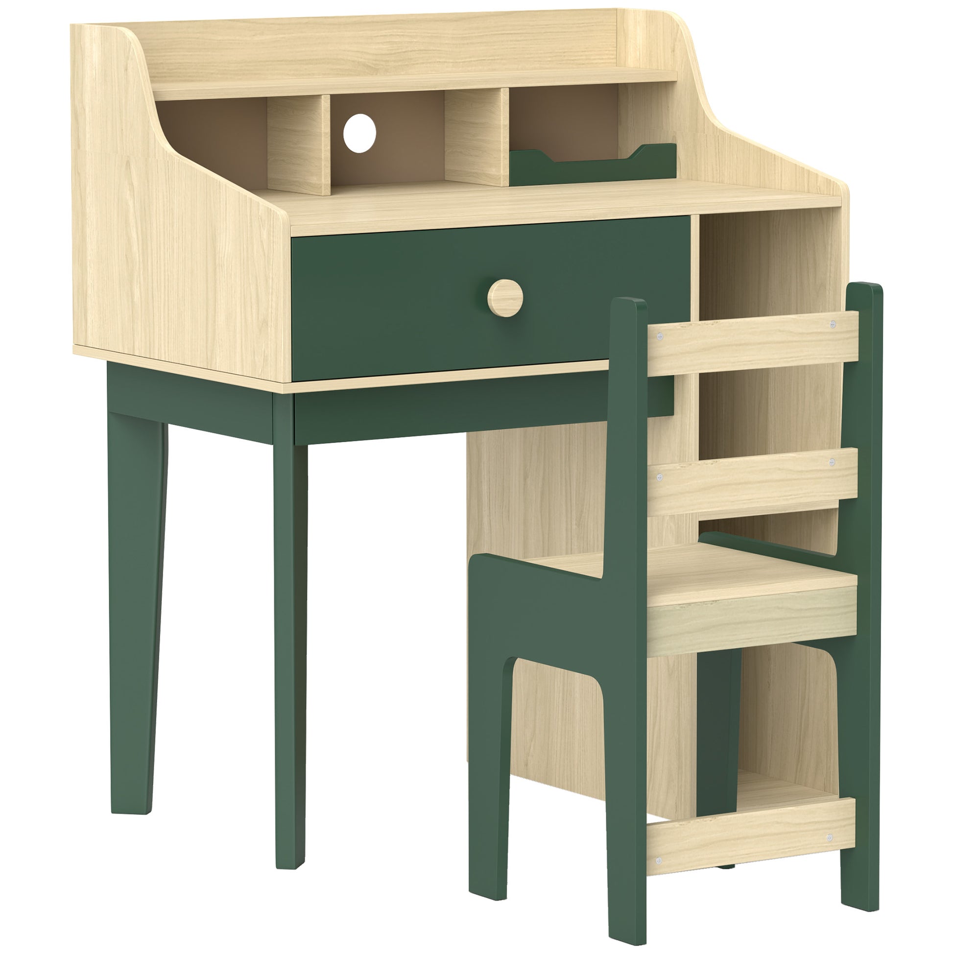 Kids Desk and Chair Set for Children 3-10 Years Old, Boys Girls Desk with Chair, Shelves and Drawer, Children's Table with Chair for Study and Work, Natural Wood and Green