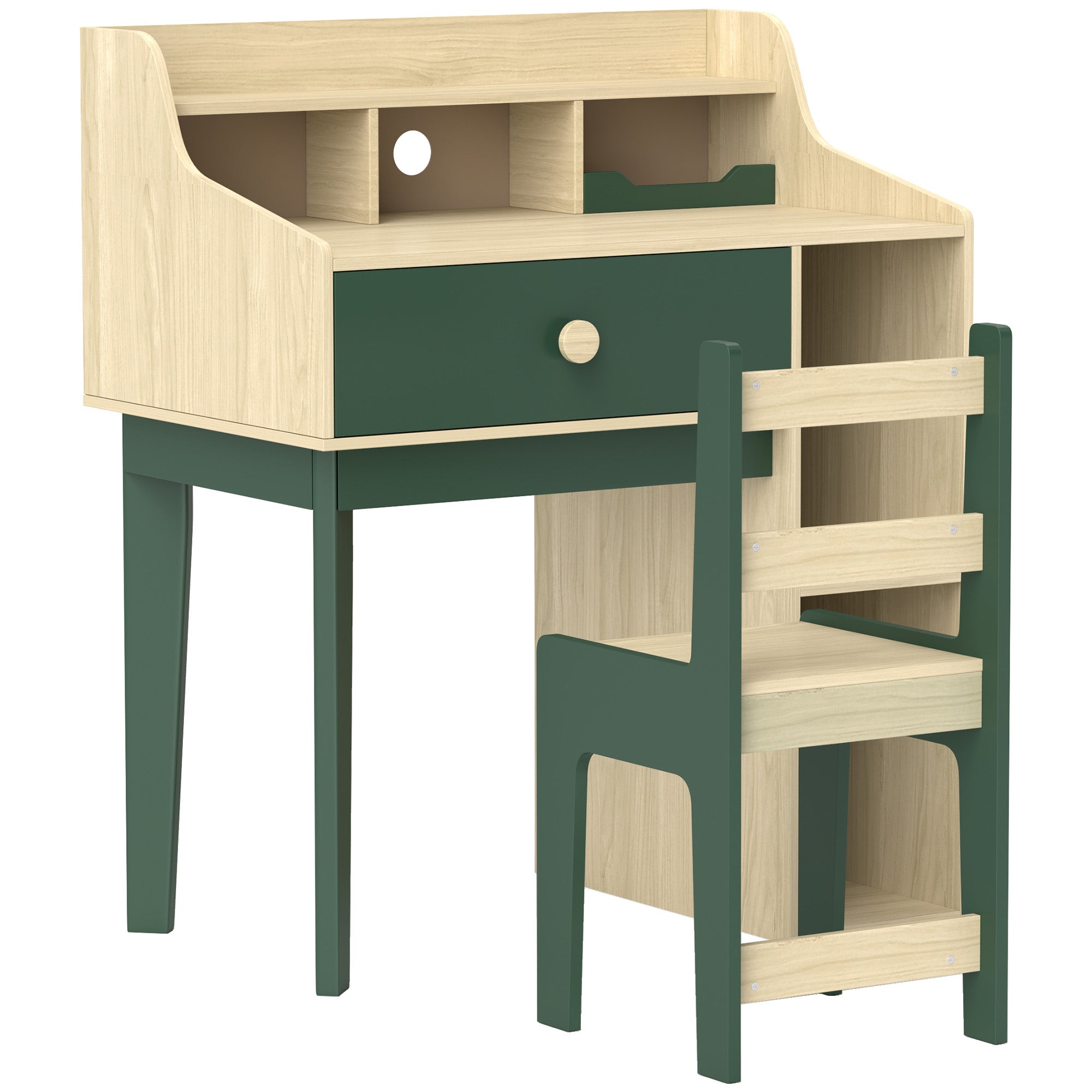 Kids Desk and Chair Set for Children 3-10 Years Old, Boys Girls Desk with Chair, Shelves and Drawer, Children's Table with Chair for Study and Work, Natural Wood and Green