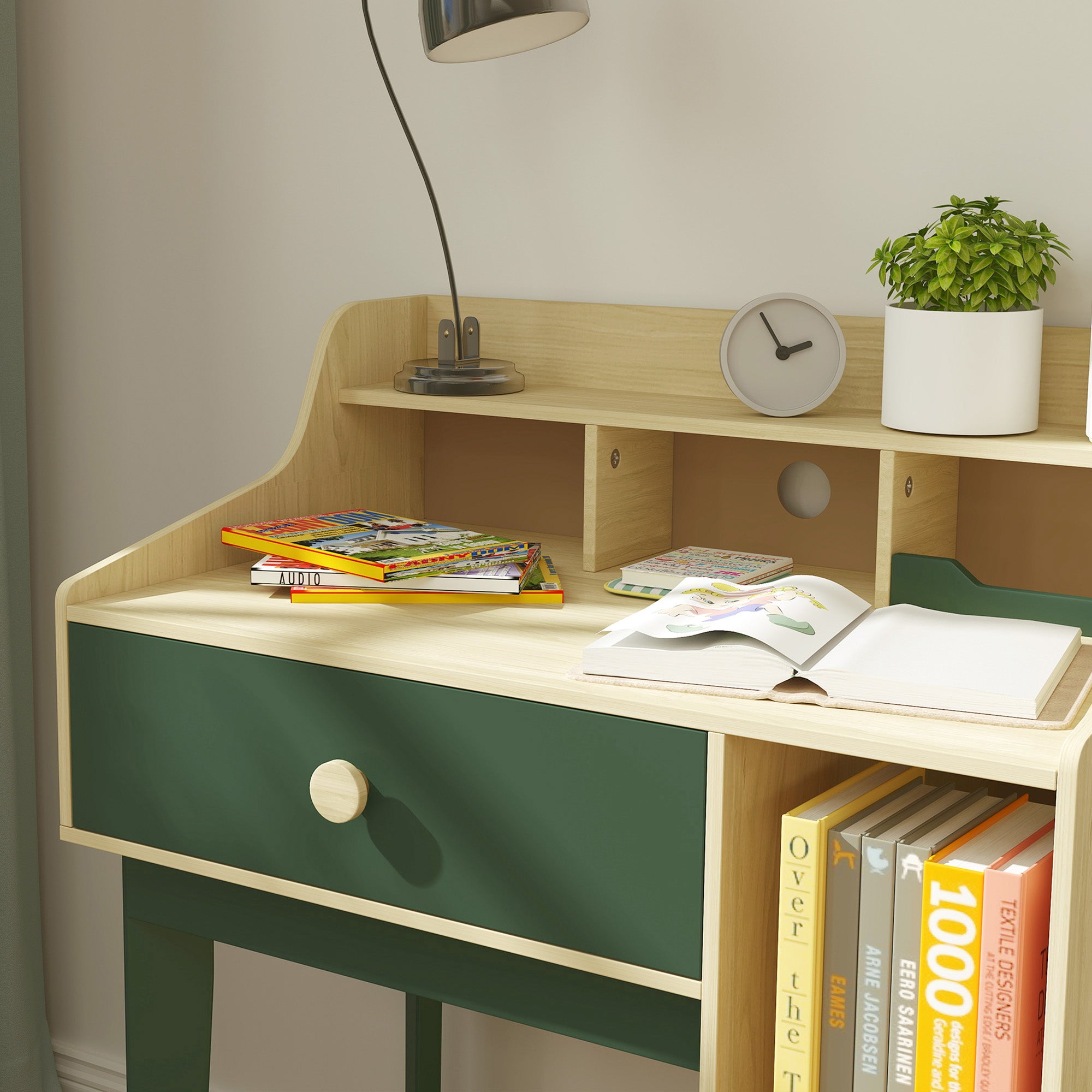 Kids Desk and Chair Set for Children 3-10 Years Old, Boys Girls Desk with Chair, Shelves and Drawer, Children's Table with Chair for Study and Work, Natural Wood and Green