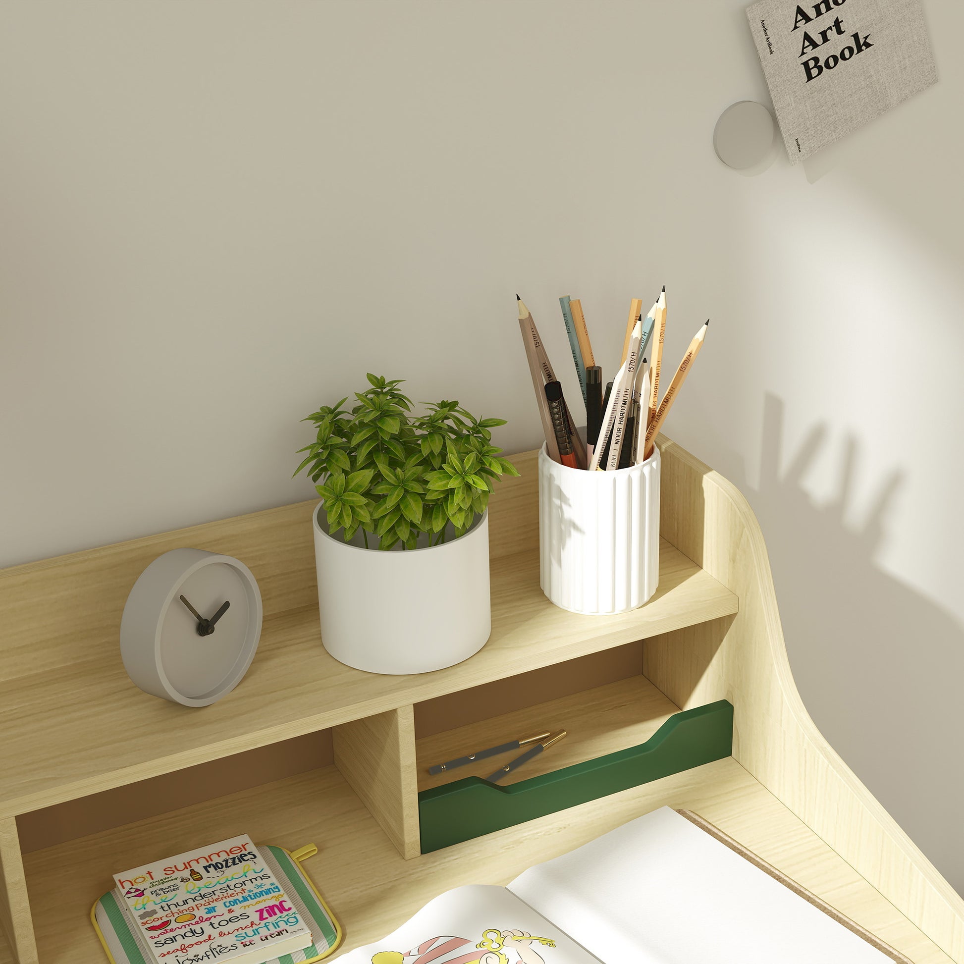 Kids Desk and Chair Set for Children 3-10 Years Old, Boys Girls Desk with Chair, Shelves and Drawer, Children's Table with Chair for Study and Work, Natural Wood and Green