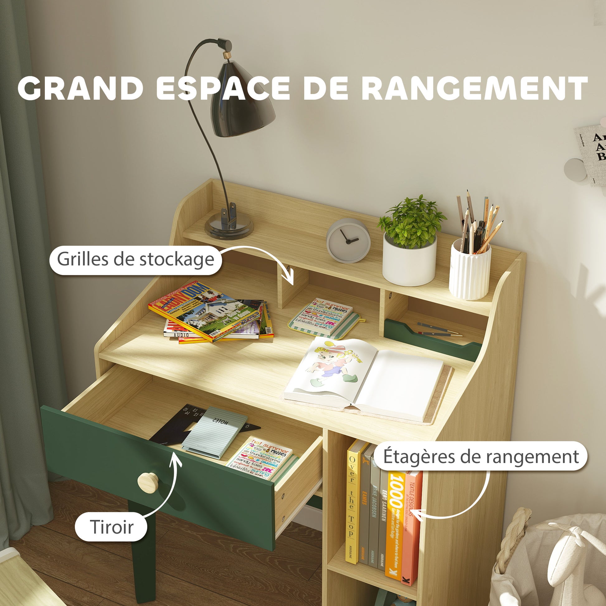 Kids Desk and Chair Set for Children 3-10 Years Old, Boys Girls Desk with Chair, Shelves and Drawer, Children's Table with Chair for Study and Work, Natural Wood and Green