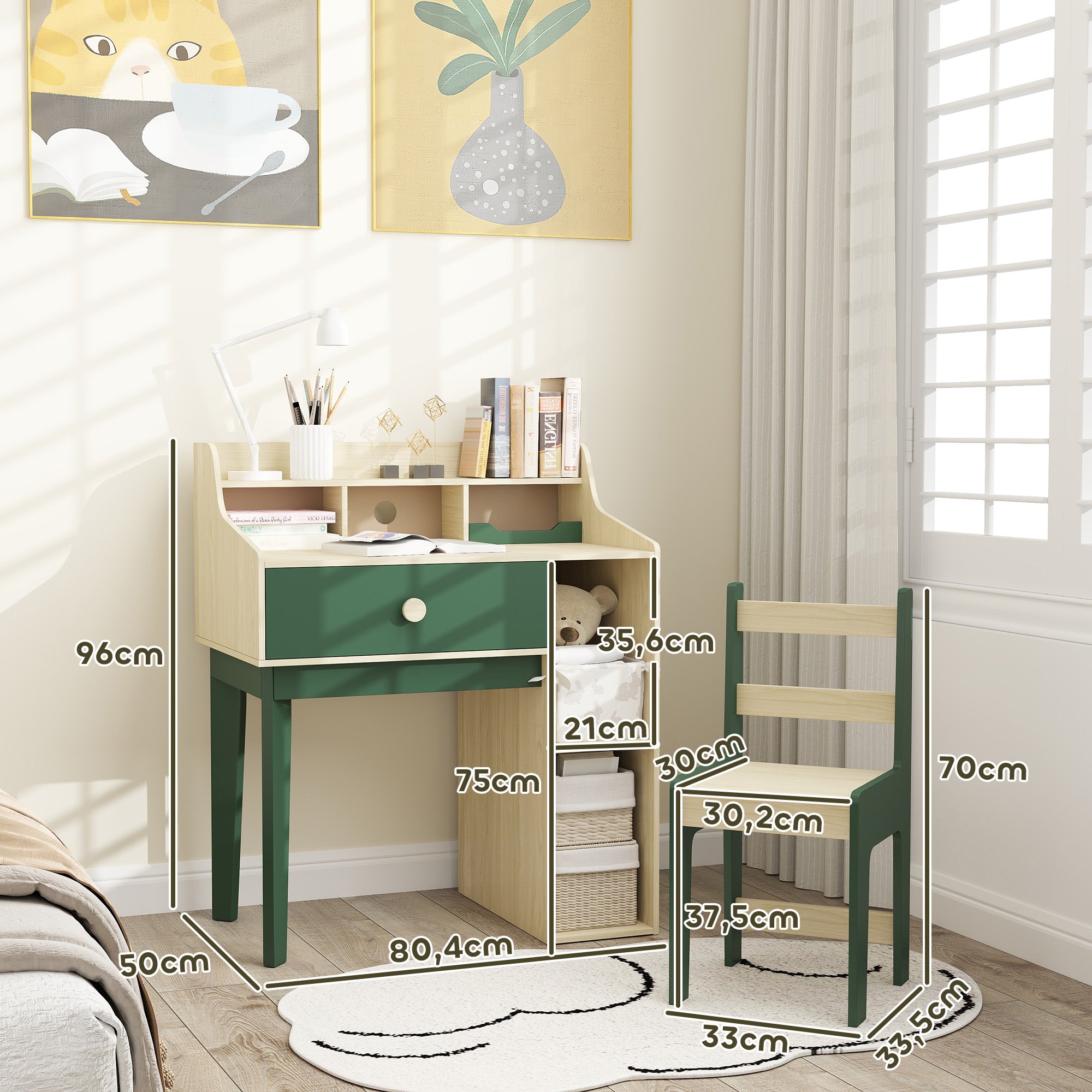 Kids Desk and Chair Set for Children 3-10 Years Old, Boys Girls Desk with Chair, Shelves and Drawer, Children's Table with Chair for Study and Work, Natural Wood and Green