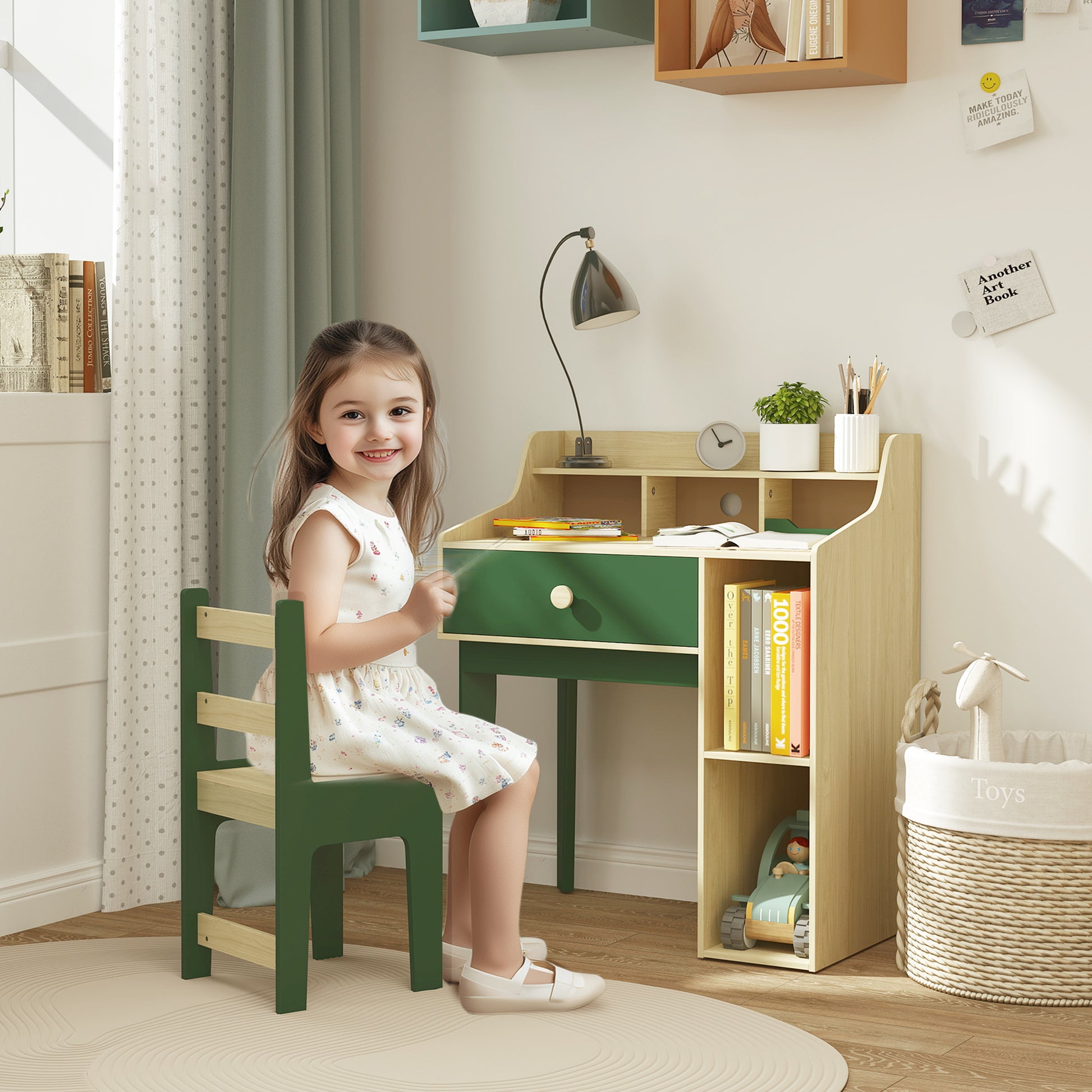 Kids Desk and Chair Set for Children 3-10 Years Old, Boys Girls Desk with Chair, Shelves and Drawer, Children's Table with Chair for Study and Work, Natural Wood and Green