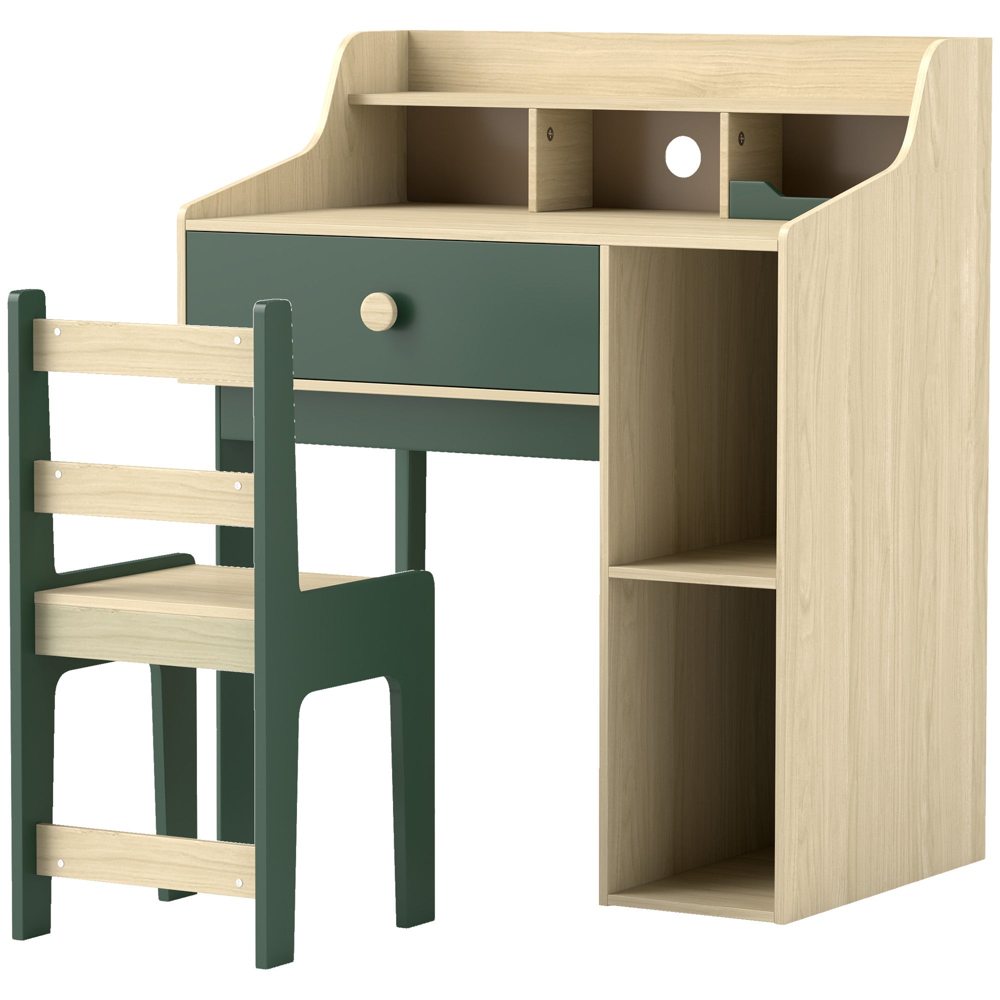 Kids Desk and Chair Set for Children 3-10 Years Old, Boys Girls Desk with Chair, Shelves and Drawer, Children's Table with Chair for Study and Work, Natural Wood and Green