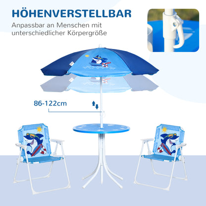 4 piece Children's Seating Group Garden Table 2 Folding Chairs Umbrella Camping Children's Seating Set Patio Furniture for 3-6 Years Blue