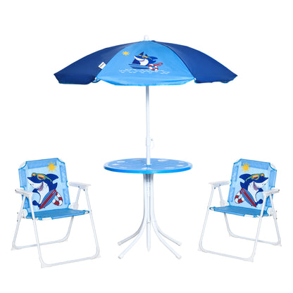 4 piece Children's Seating Group Garden Table 2 Folding Chairs Umbrella Camping Children's Seating Set Patio Furniture for 3-6 Years Blue