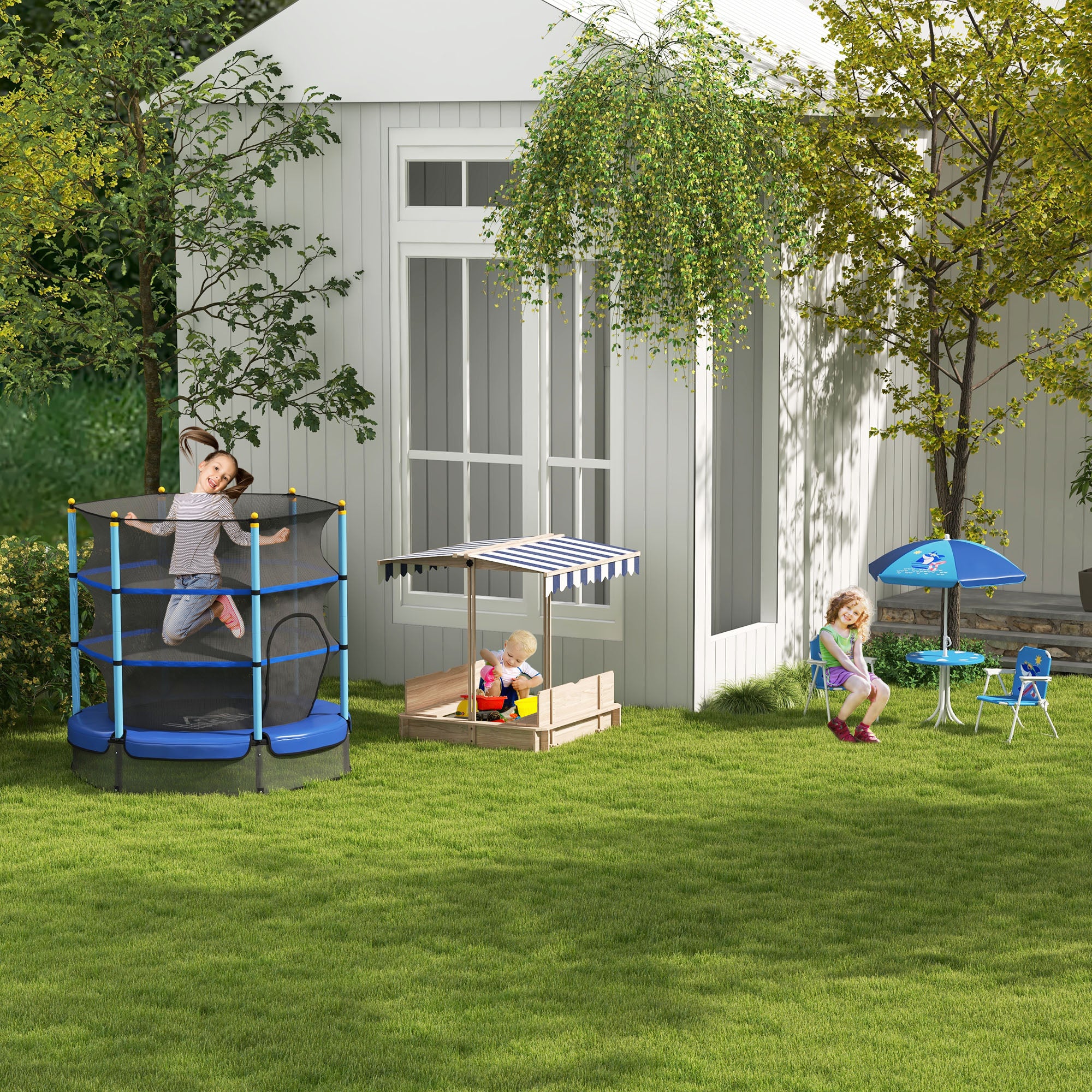 4 piece Children's Seating Group Garden Table 2 Folding Chairs Umbrella Camping Children's Seating Set Patio Furniture for 3-6 Years Blue
