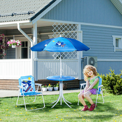4 piece Children's Seating Group Garden Table 2 Folding Chairs Umbrella Camping Children's Seating Set Patio Furniture for 3-6 Years Blue