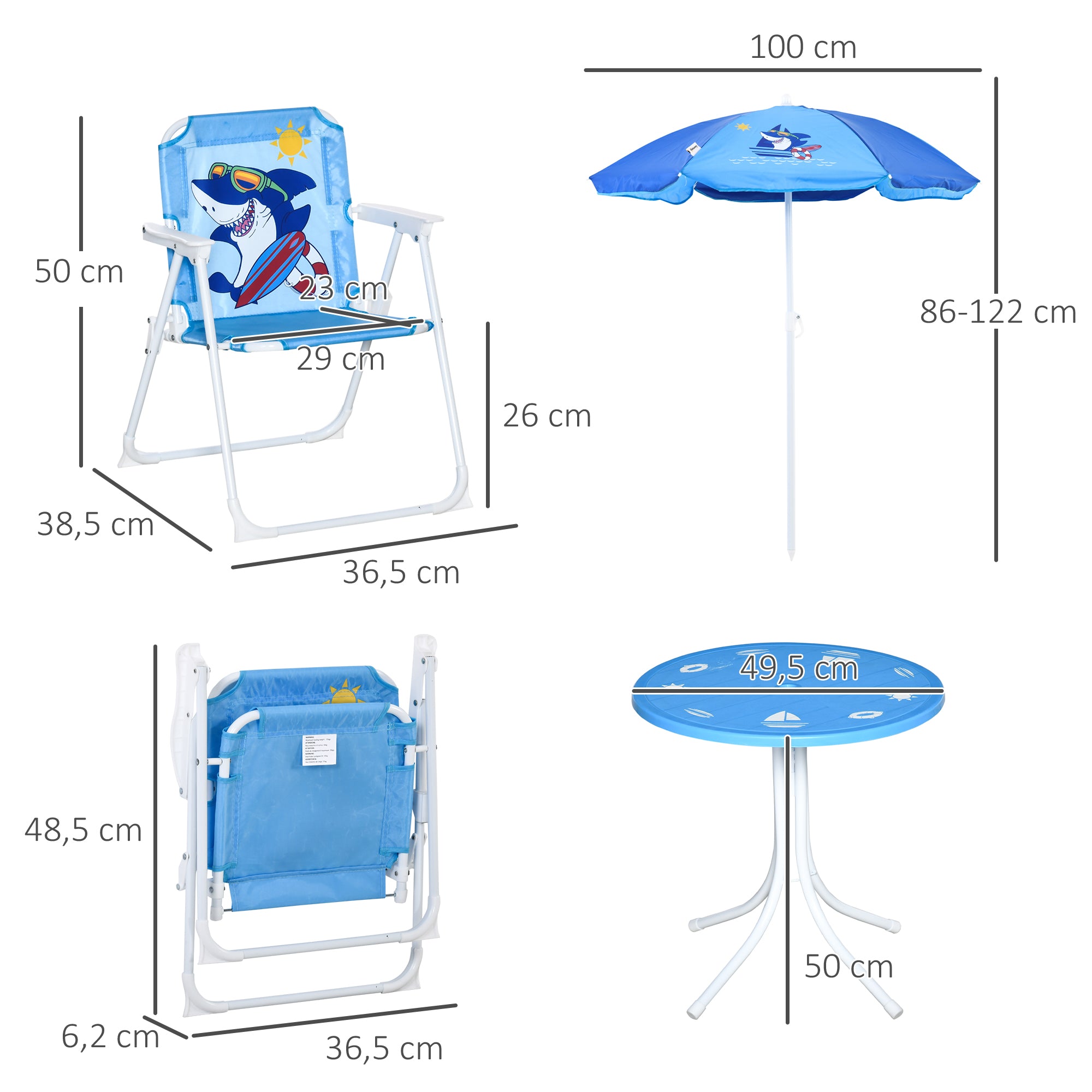 4 piece Children's Seating Group Garden Table 2 Folding Chairs Umbrella Camping Children's Seating Set Patio Furniture for 3-6 Years Blue