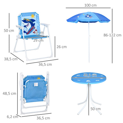 4 piece Children's Seating Group Garden Table 2 Folding Chairs Umbrella Camping Children's Seating Set Patio Furniture for 3-6 Years Blue