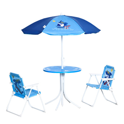 4 piece Children's Seating Group Garden Table 2 Folding Chairs Umbrella Camping Children's Seating Set Patio Furniture for 3-6 Years Blue