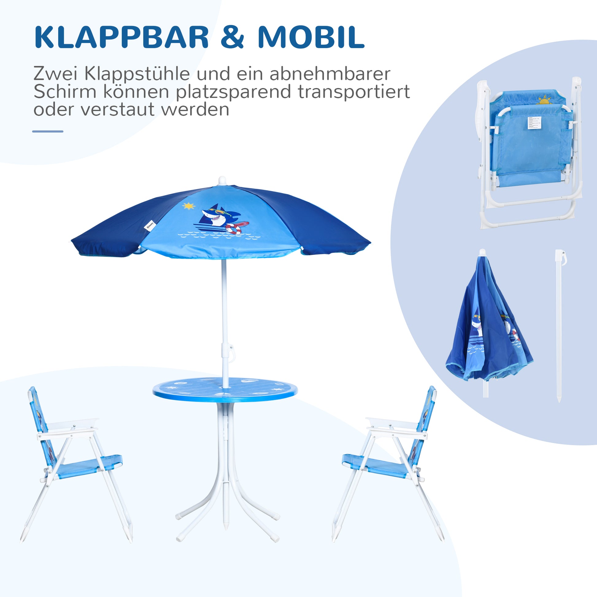 4 piece Children's Seating Group Garden Table 2 Folding Chairs Umbrella Camping Children's Seating Set Patio Furniture for 3-6 Years Blue