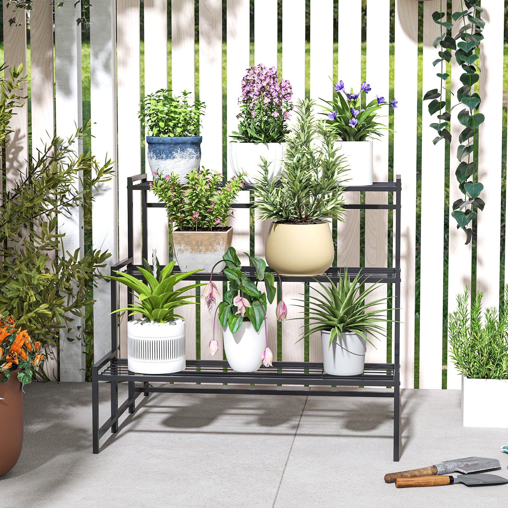 3-Tier Plant Stand, Flower Stand for Indoor Outdoor, Metal Plant Shelf, Multi-level Flower Rack, 66 cm High Plant Stand for Living Room, Garden Balcony Decor, Black