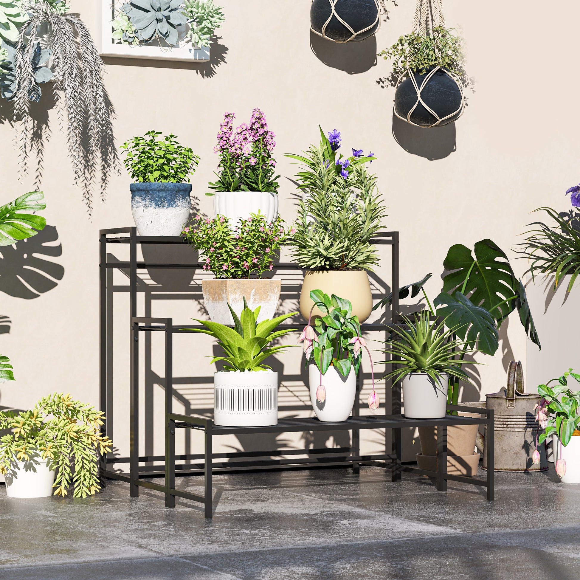 3-Tier Plant Stand, Flower Stand for Indoor Outdoor, Metal Plant Shelf, Multi-level Flower Rack, 66 cm High Plant Stand for Living Room, Garden Balcony Decor, Black