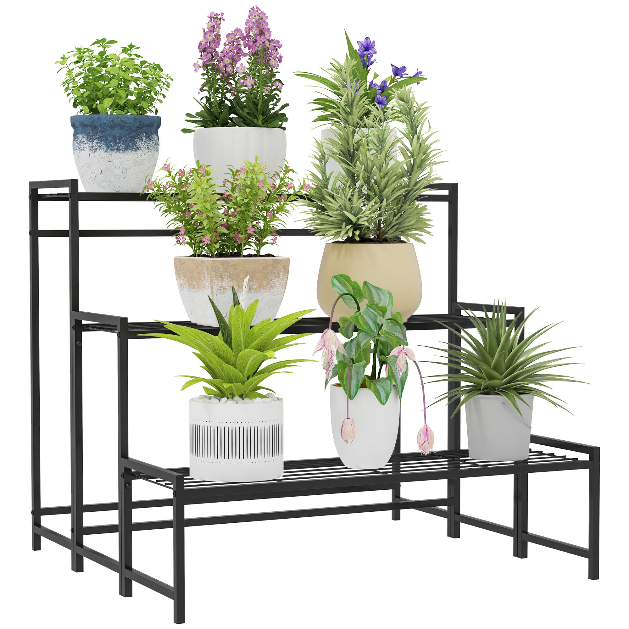 3-Tier Plant Stand, Flower Stand for Indoor Outdoor, Metal Plant Shelf, Multi-level Flower Rack, 66 cm High Plant Stand for Living Room, Garden Balcony Decor, Black