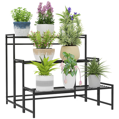 3-Tier Plant Stand, Flower Stand for Indoor Outdoor, Metal Plant Shelf, Multi-level Flower Rack, 66 cm High Plant Stand for Living Room, Garden Balcony Decor, Black