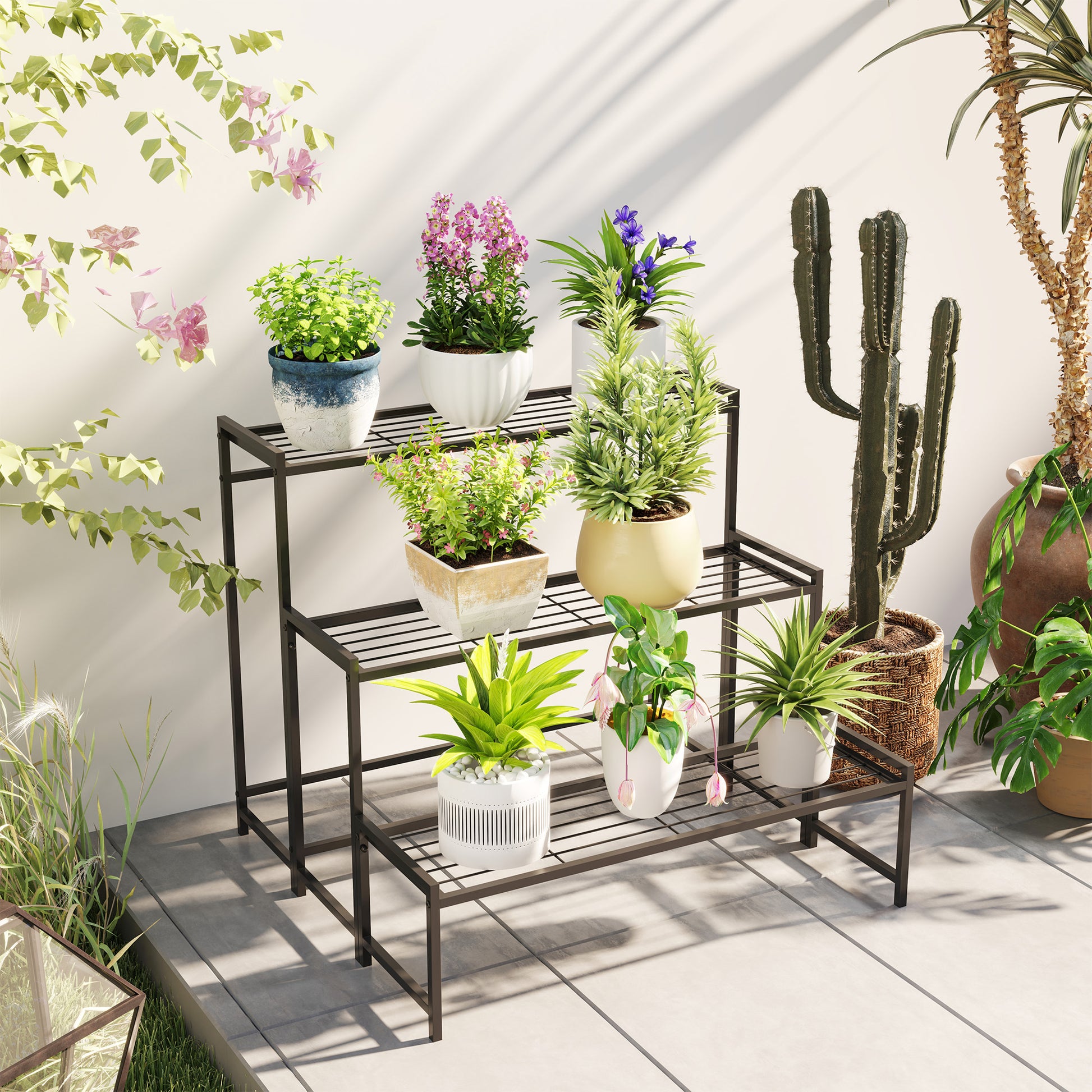 3-Tier Plant Stand, Flower Stand for Indoor Outdoor, Metal Plant Shelf, Multi-level Flower Rack, 66 cm High Plant Stand for Living Room, Garden Balcony Decor, Black