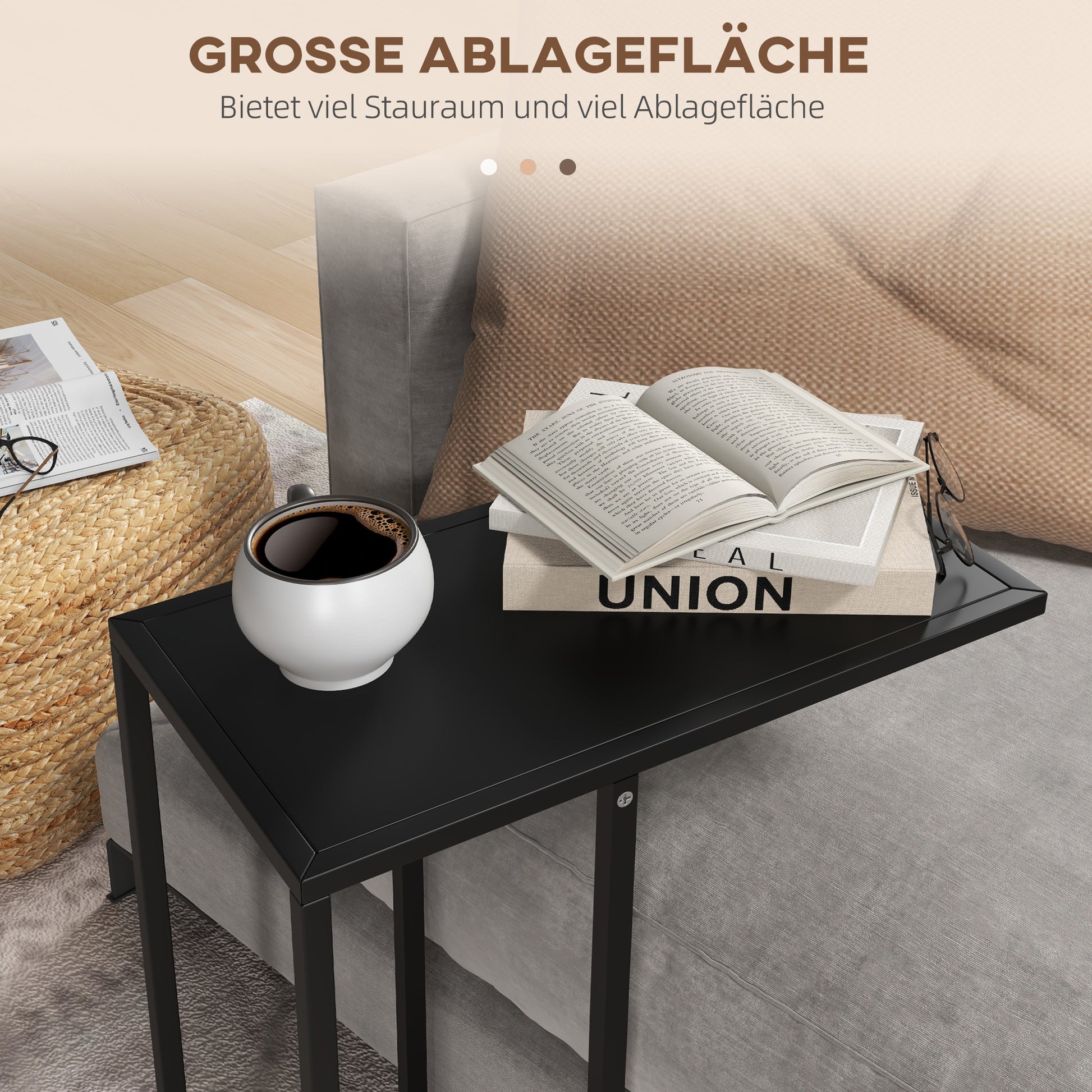 Side Table Coffee Table in C-Shape, End Table with Steel Frame, Laptop Table, Living Room Table for Bedroom, Office, Black, 46 x 26 x 60 cm