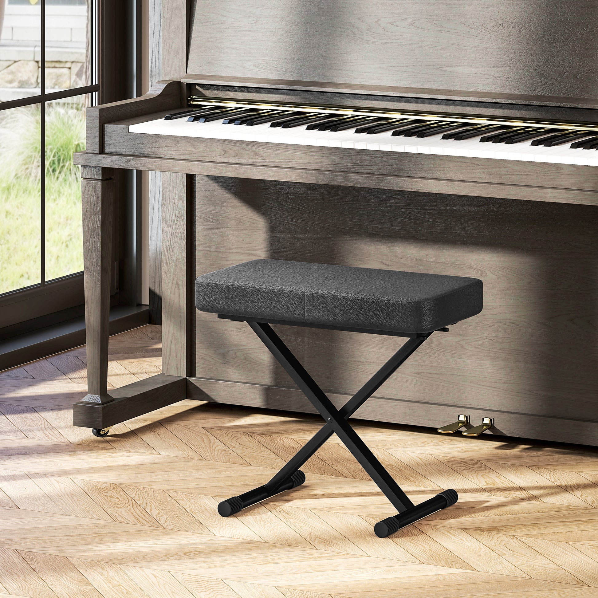 Foldable and Adjustable Piano Stool in 4 Heights with X Structure, PU Leather and Metal Piano Bench with Non-Slip Feet, 60x32x53-63 cm, Black