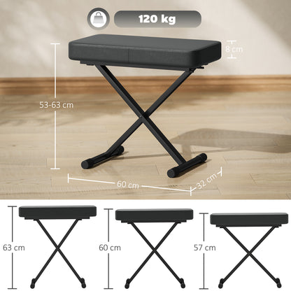 Foldable and Adjustable Piano Stool in 4 Heights with X Structure, PU Leather and Metal Piano Bench with Non-Slip Feet, 60x32x53-63 cm, Black